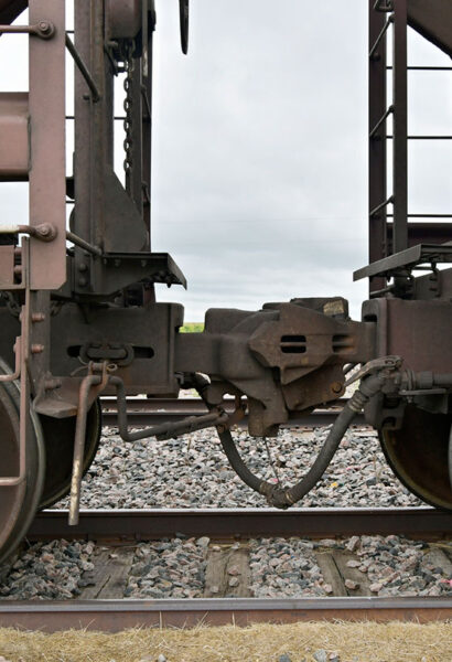 Close up view of two trains connected