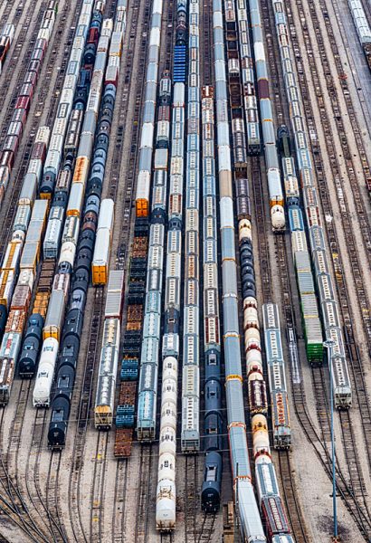 Aerial view of very busy train depot