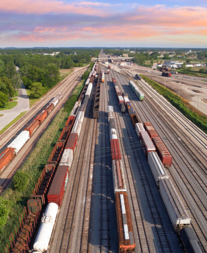 Aerial view of trains in transit