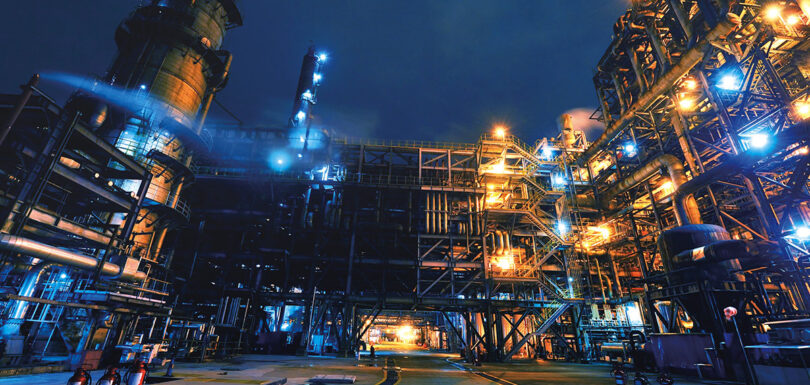 night view of chemical processing plant