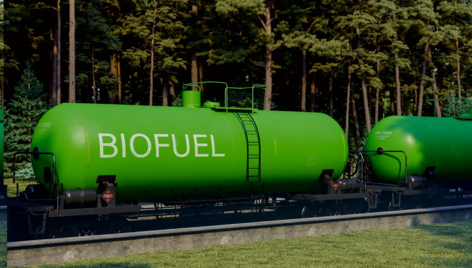 Freight Train With Biofuel Tanks On Railroad. Freight Railroad Transportation And Logistics